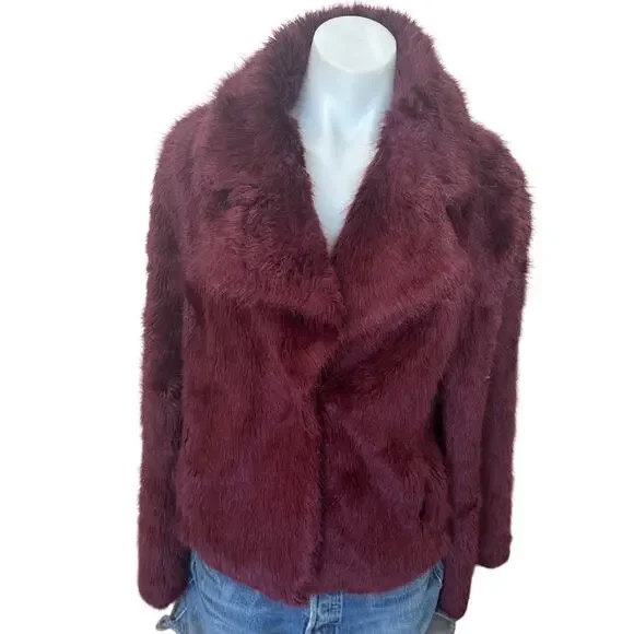 Unreal Fur Burgundy Faux Fur Jacket LARGE Formal Glam Teddy Coat Designer $339